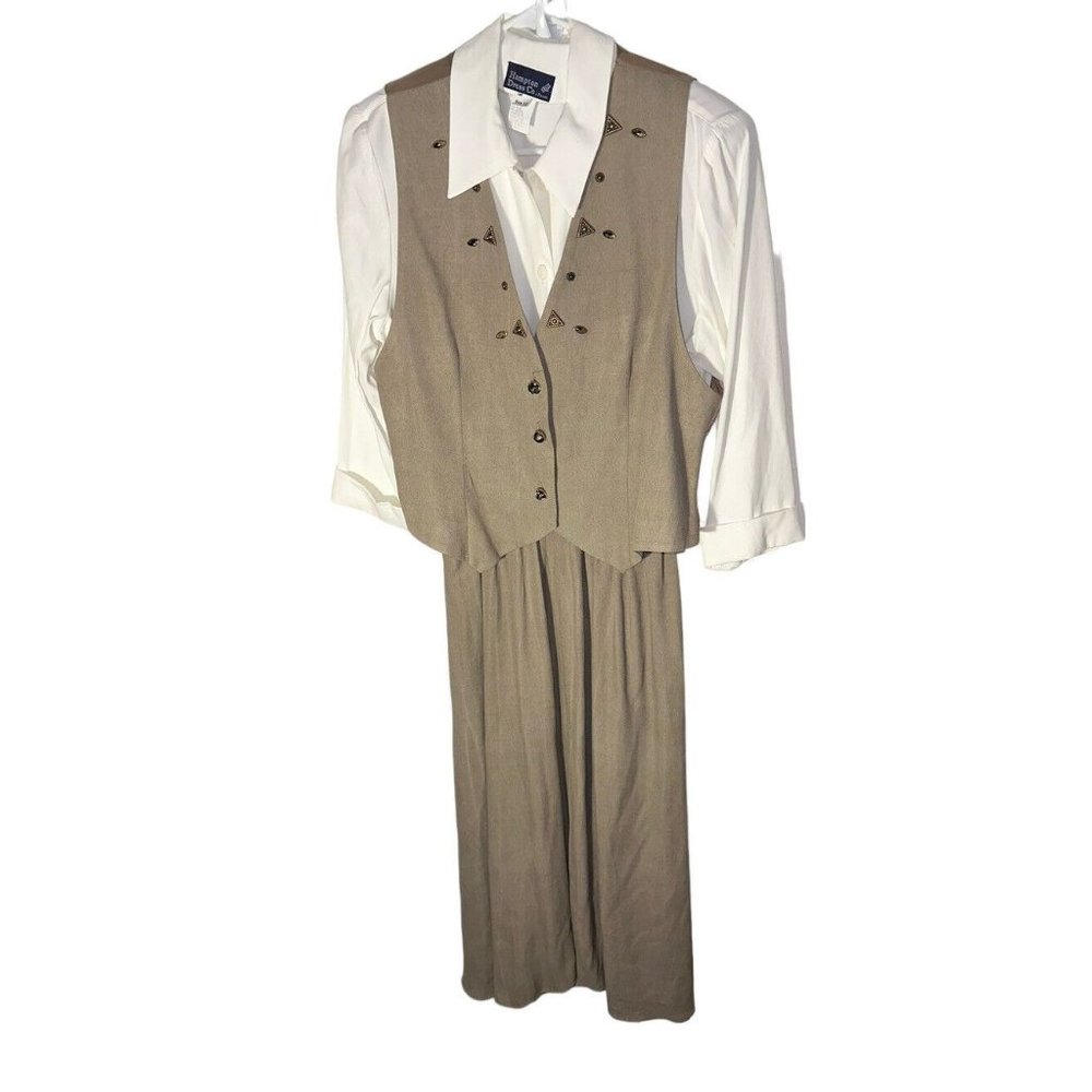 Vintage NWT Hampton Dress Co Dress & Vest Petite Size 12 Beige Cream Studded